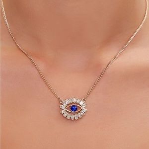 Evil eye Blue Rhinestone Gold Necklace NEW